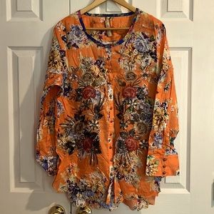 Never worn Aratta shirt, orange/multicolored floral print, thread-work, sequins